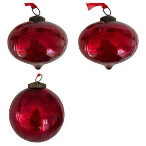 Vintage Oversized Red Crackle Glass Christmas Ornaments - Set of 3